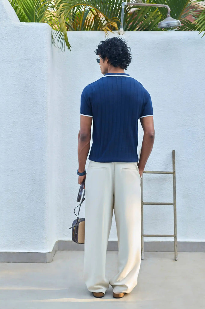 Vertical Rib Knit Polo T-Shirt  -  Navy Blue