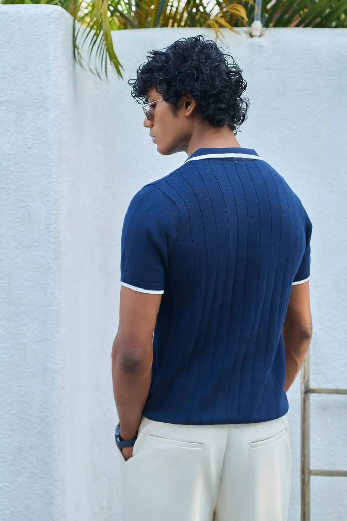 Vertical Rib Knit Polo T-Shirt  -  Navy Blue