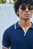 Vertical Rib Knit Polo T-Shirt  -  Navy Blue