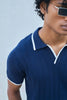 Vertical Rib Knit Polo T-Shirt  -  Navy Blue