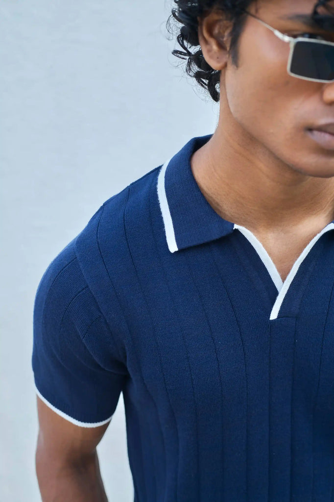 Vertical Rib Knit Polo T-Shirt  -  Navy Blue