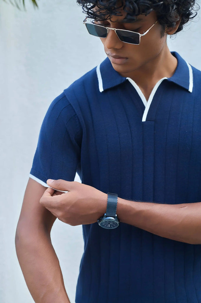 Vertical Rib Knit Polo T-Shirt  -  Navy Blue