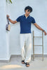 Vertical Rib Knit Polo T-Shirt  -  Navy Blue