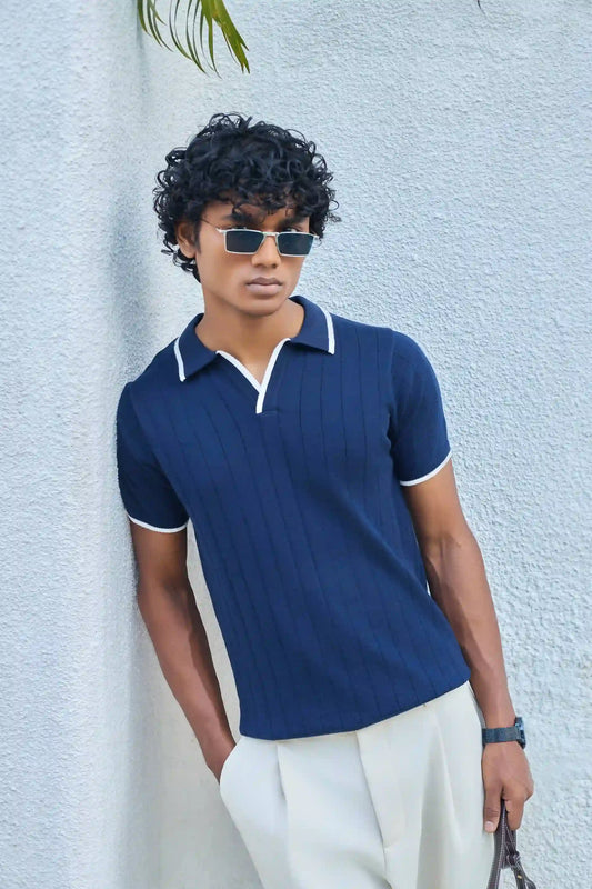 Vertical Rib Knit Polo T-Shirt  -  Navy Blue