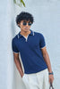 Vertical Rib Knit Polo T-Shirt  -  Navy Blue