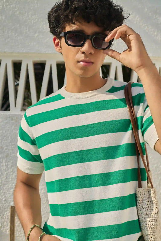 Round Neck Coastal Knit T-Shirt- Green