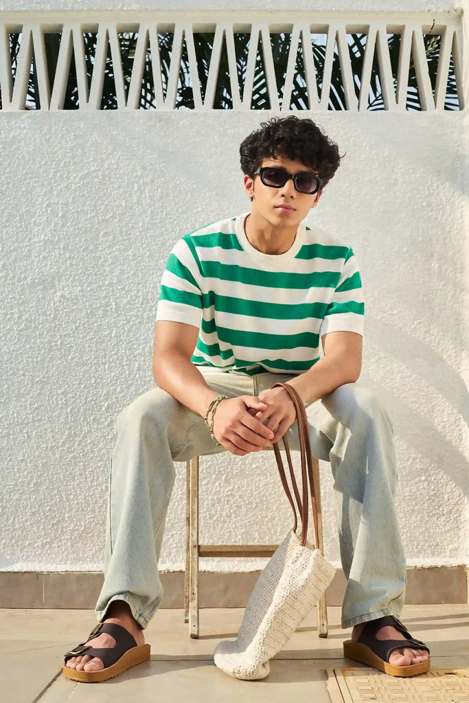 Round Neck Coastal Knit T-Shirt- Green