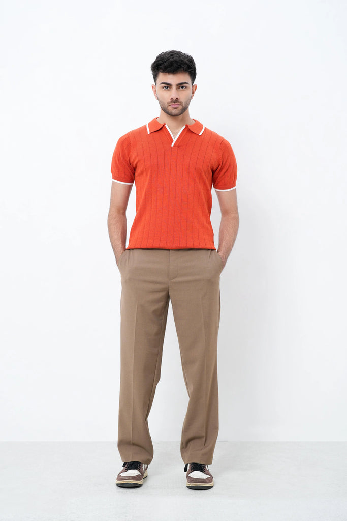 Vertical Rib Knit Polo T-Shirt - Rust Orange