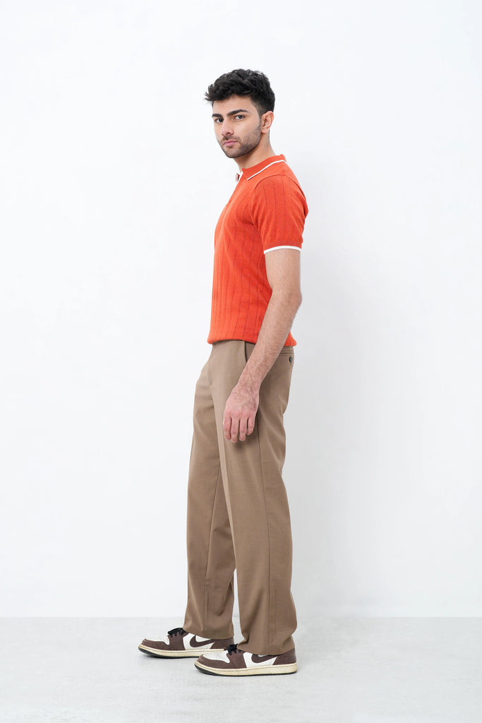 Vertical Rib Knit Polo T-Shirt - Rust Orange