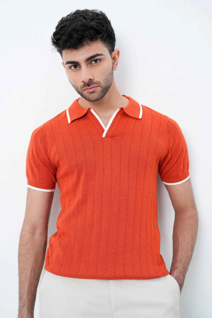 Vertical Rib Knit Polo T-Shirt - Rust Orange