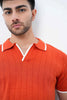 Vertical Rib Knit Polo T-Shirt - Rust Orange