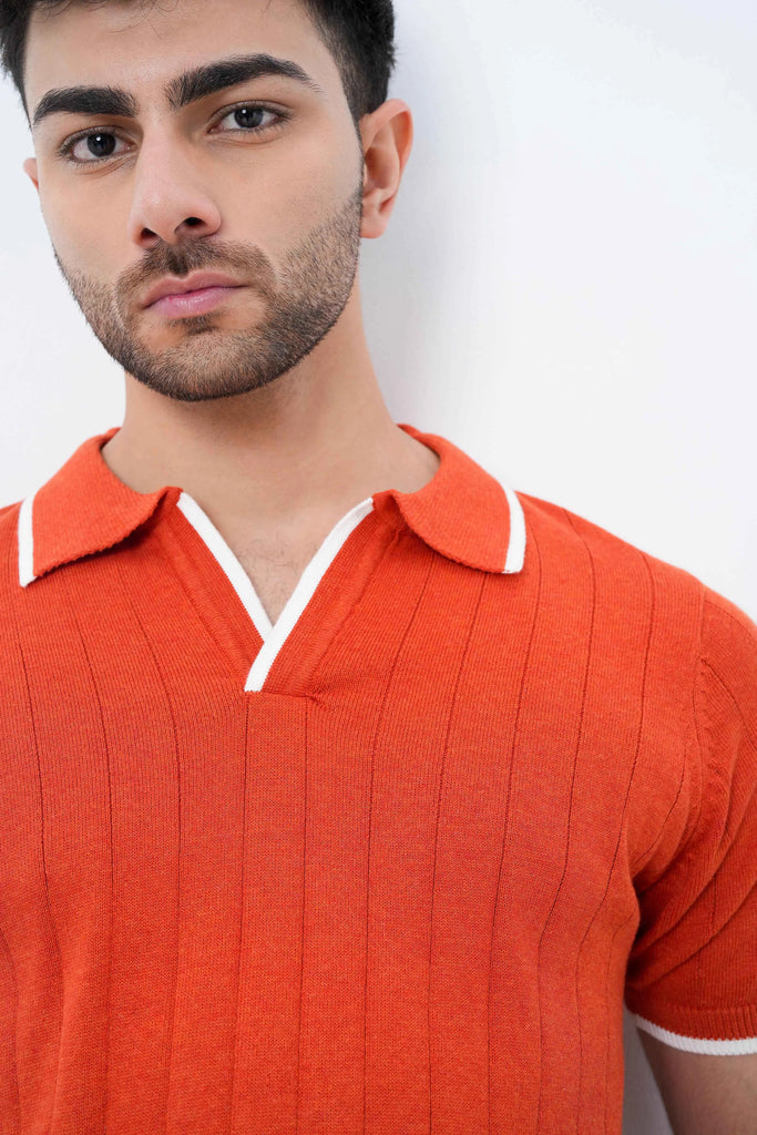 Vertical Rib Knit Polo T-Shirt - Rust Orange
