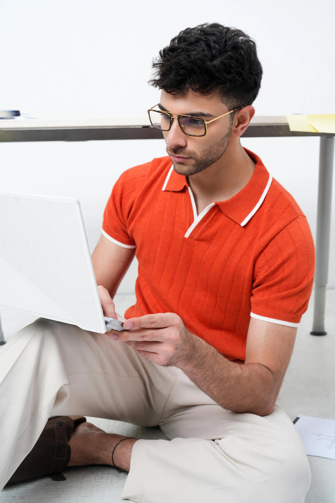 Vertical Rib Knit Polo T-Shirt - Rust Orange