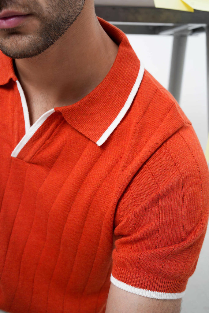 Vertical Rib Knit Polo T-Shirt - Rust Orange