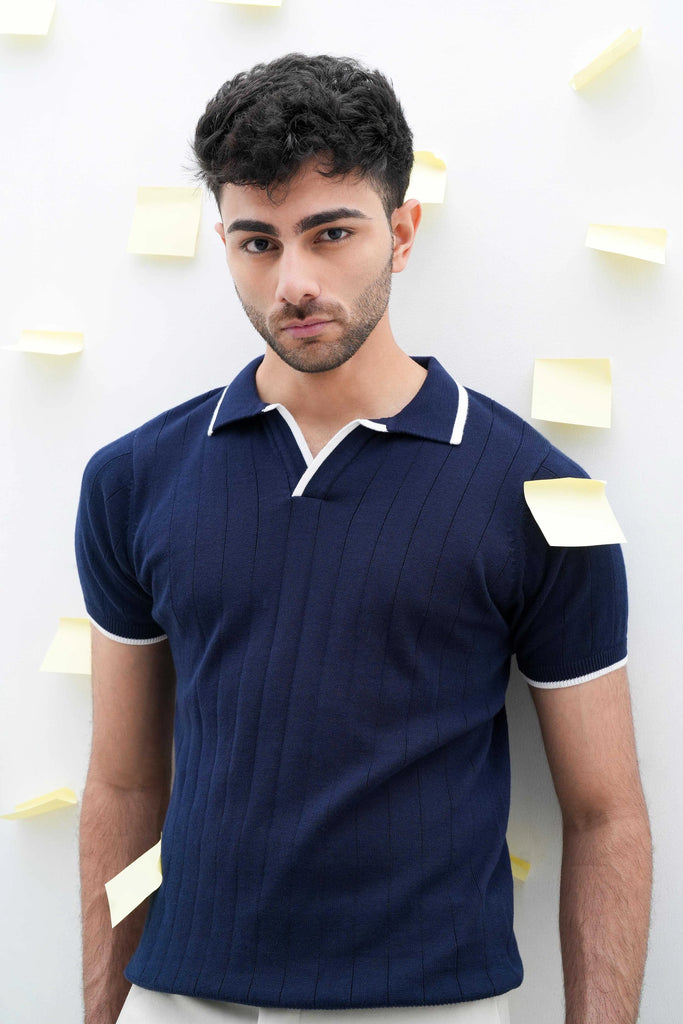 Vertical Rib Knit Polo T-Shirt  -  Navy Blue