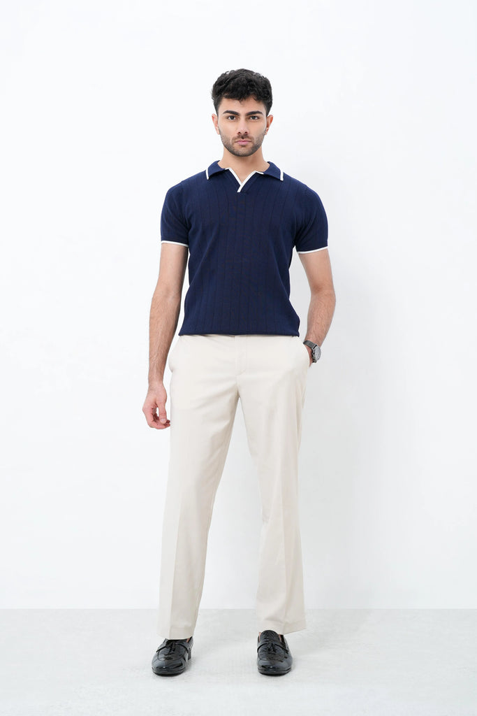 Vertical Rib Knit Polo T-Shirt  -  Navy Blue