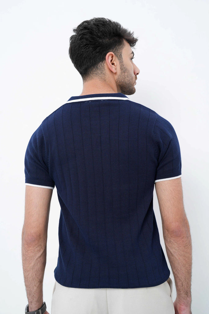 Vertical Rib Knit Polo T-Shirt  -  Navy Blue