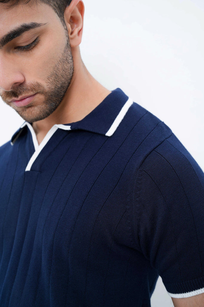 Vertical Rib Knit Polo T-Shirt  -  Navy Blue