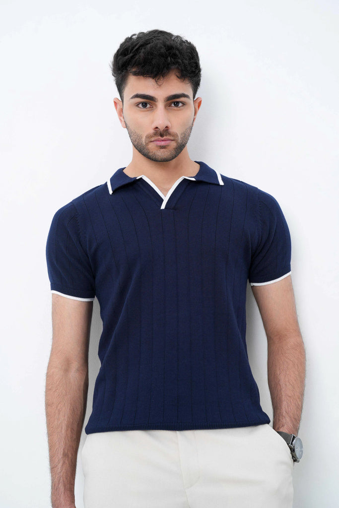 Vertical Rib Knit Polo T-Shirt  -  Navy Blue