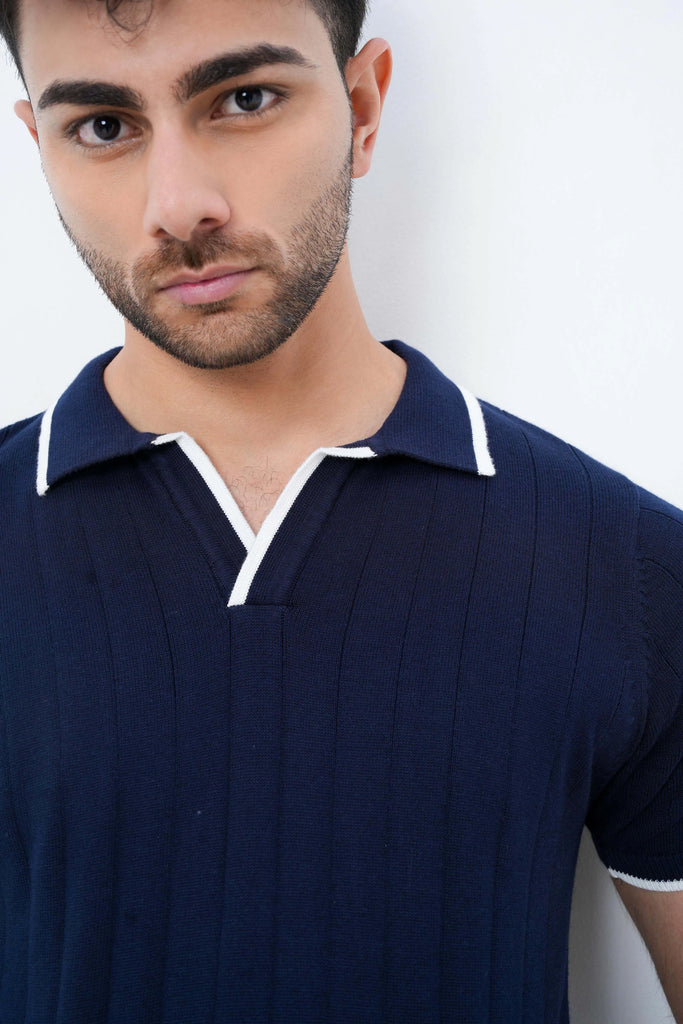 Vertical Rib Knit Polo T-Shirt  -  Navy Blue