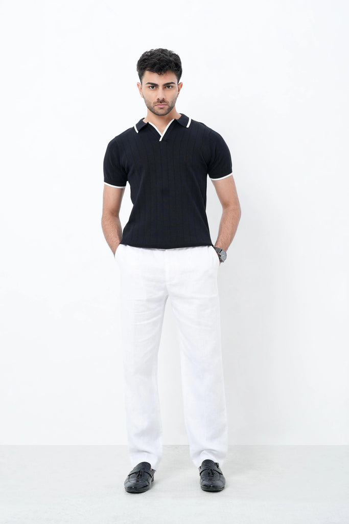 Vertical Rib Knit Polo T-Shirt  - Black