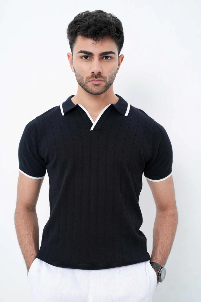 Vertical Rib Knit Polo T-Shirt  - Black