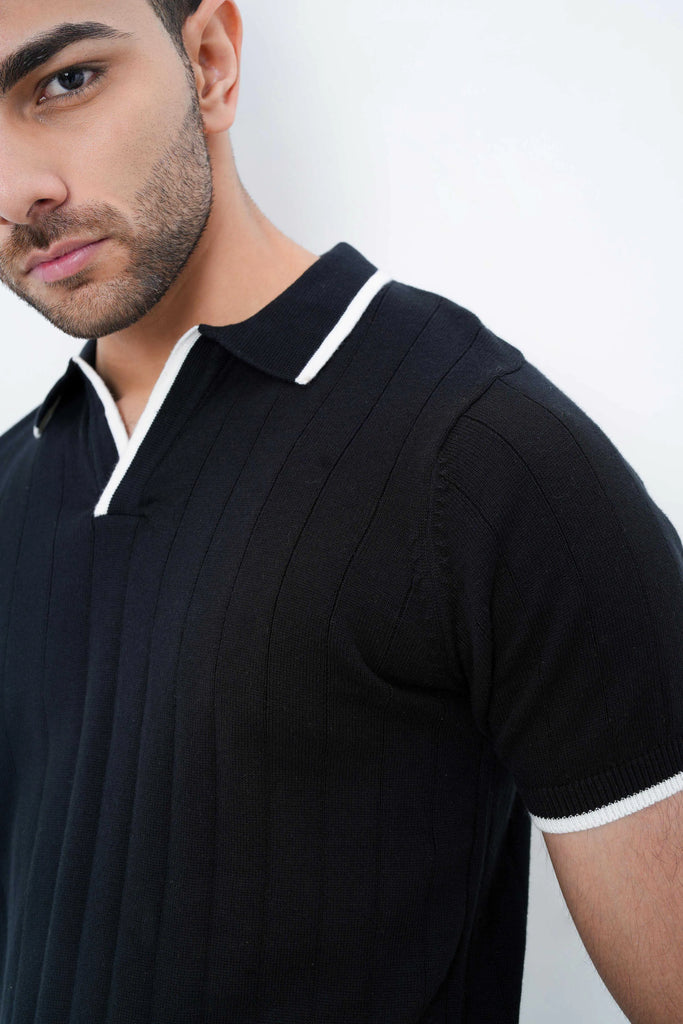 Vertical Rib Knit Polo T-Shirt  - Black