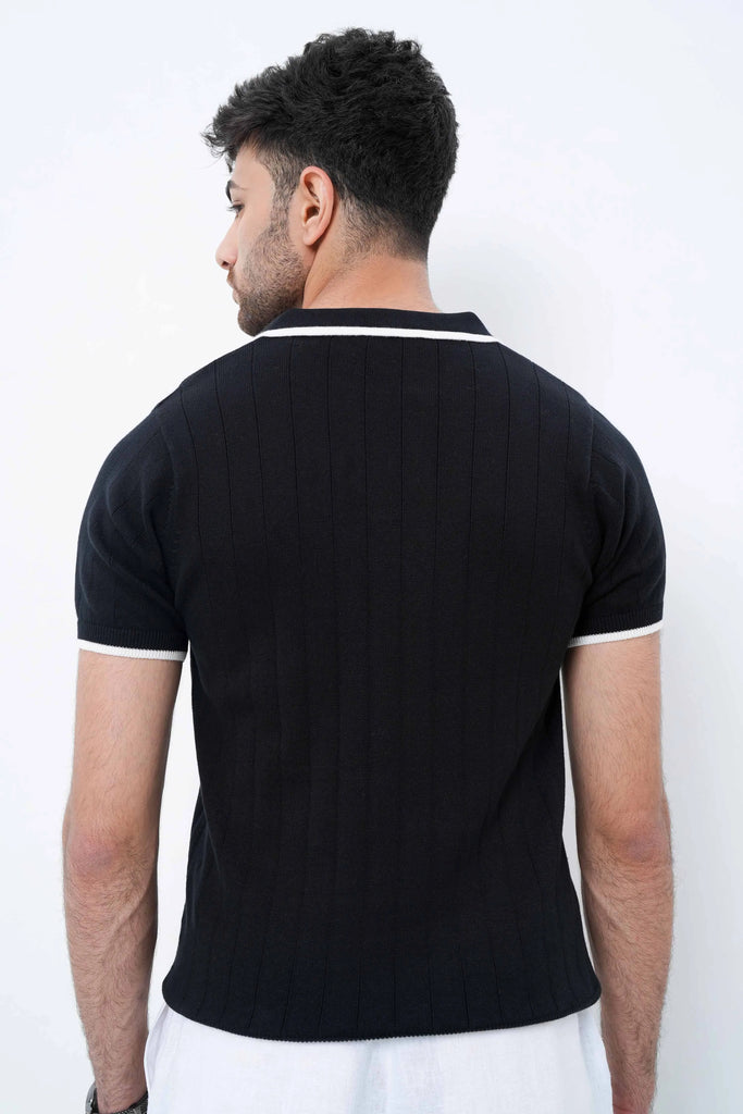 Vertical Rib Knit Polo T-Shirt  - Black
