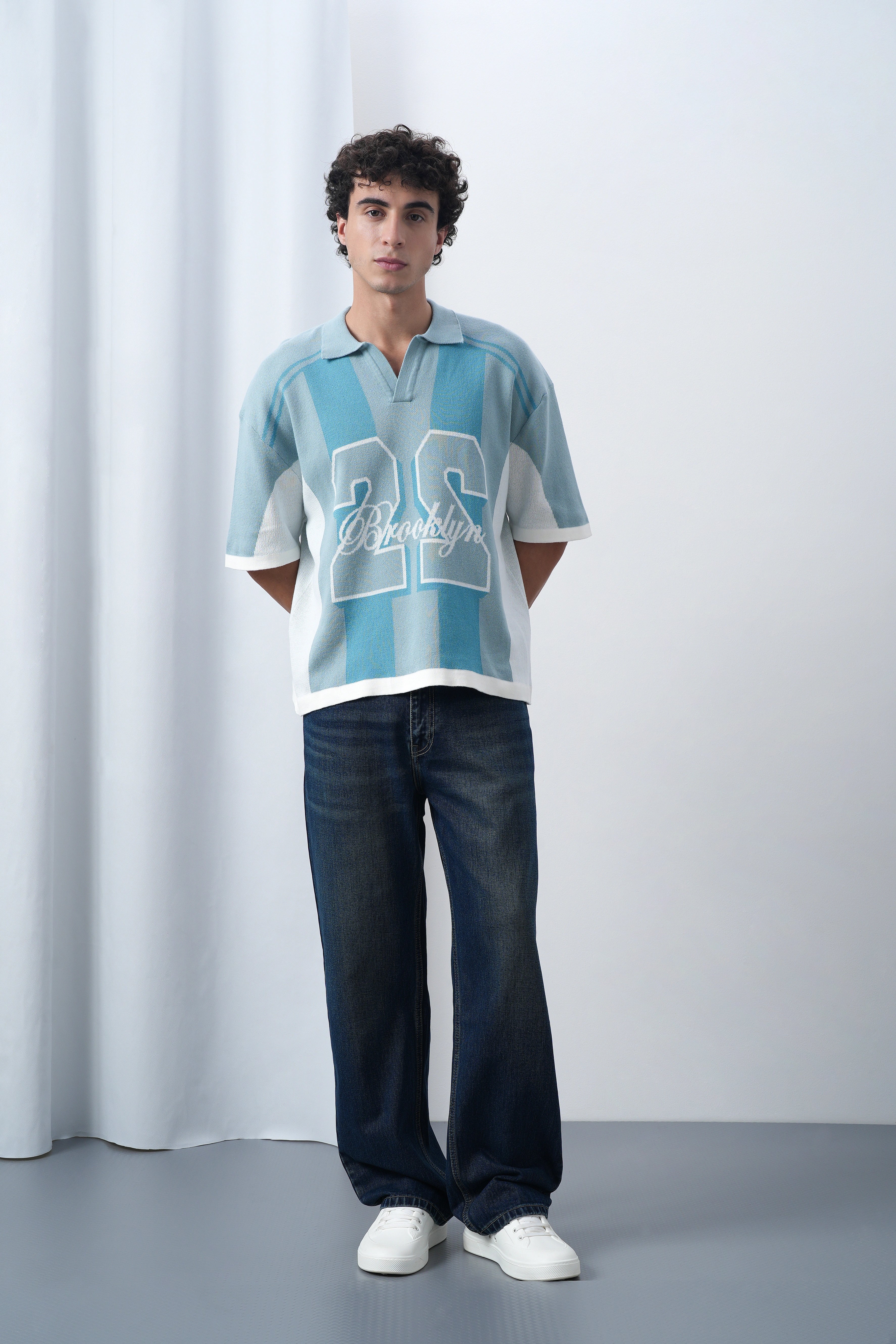 Brooklyn Varsity Boxy Oversized Knit T-shirt Blue