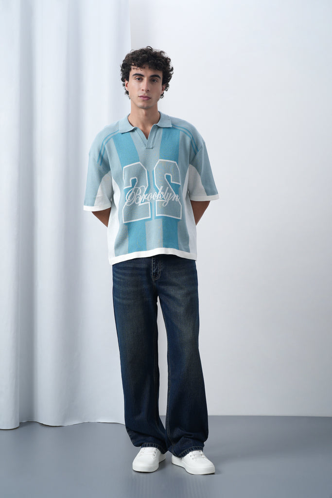 Brooklyn Varsity Boxy Oversized Knit T-shirt Blue