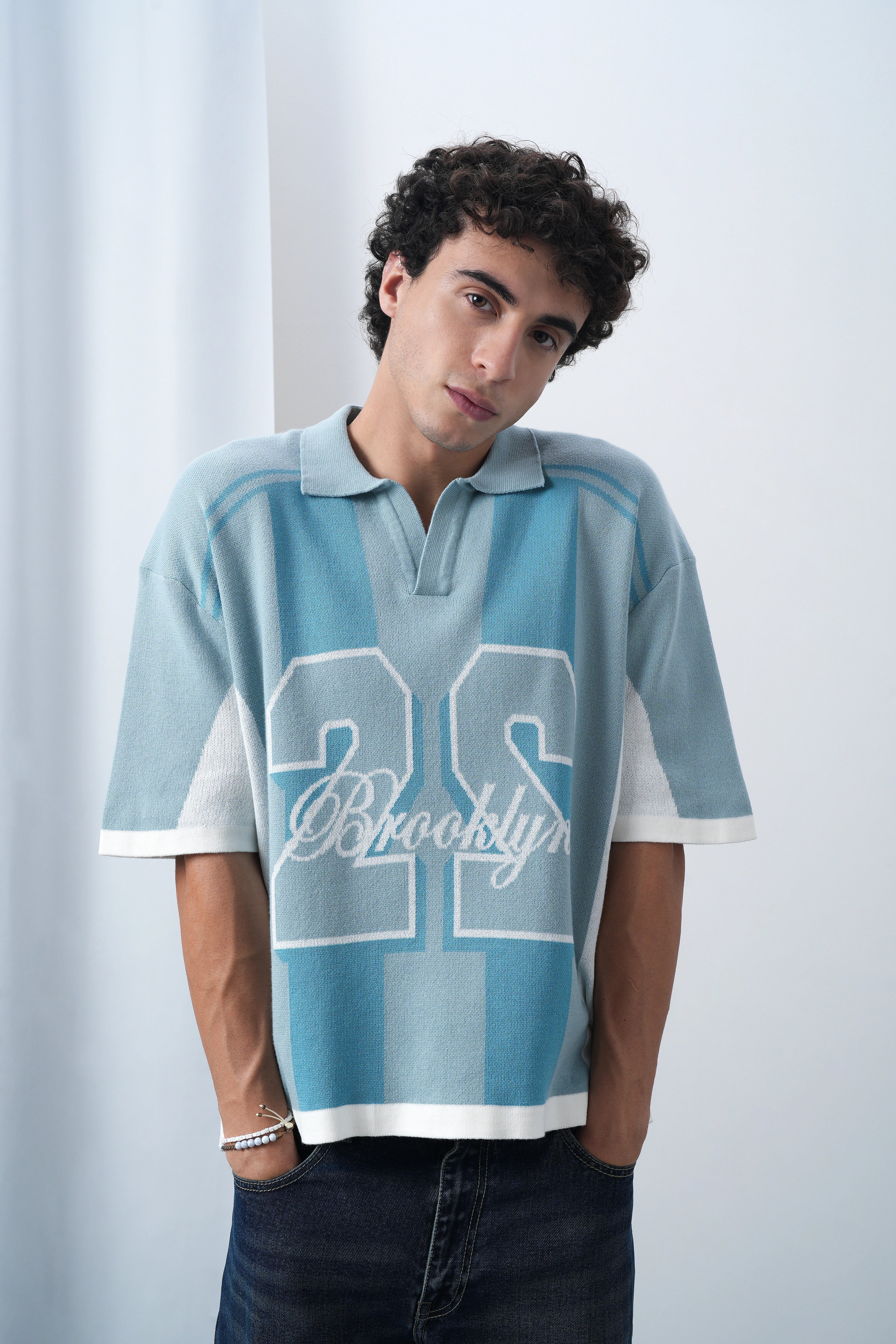Brooklyn Varsity Boxy Oversized Knit T-shirt Blue