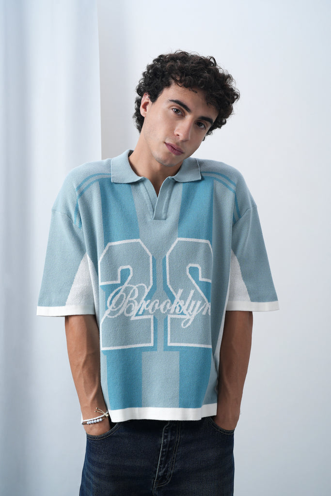 Brooklyn Varsity Boxy Oversized Knit T-shirt Blue