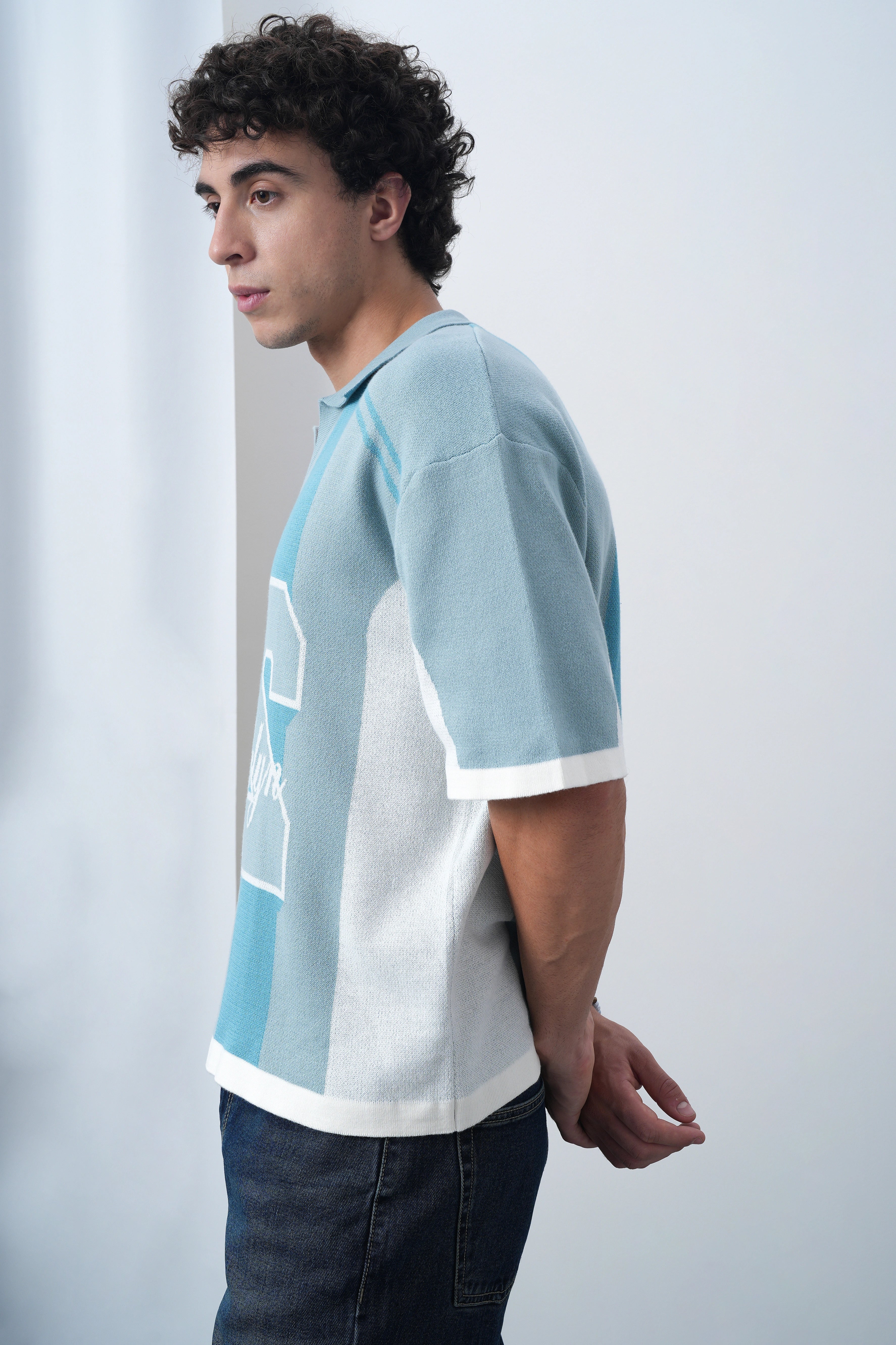 Brooklyn Varsity Boxy Oversized Knit T-shirt Blue
