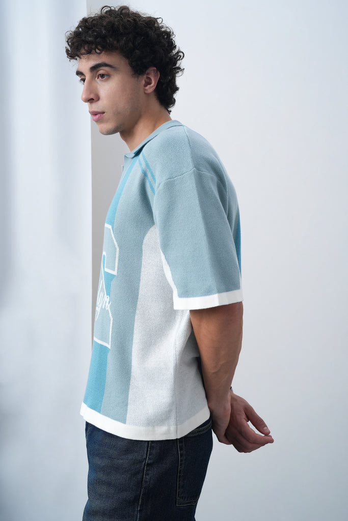 Brooklyn Varsity Boxy Oversized Knit T-shirt Blue
