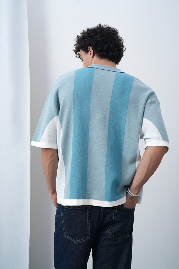 Brooklyn Varsity Boxy Oversized Knit T-shirt Blue