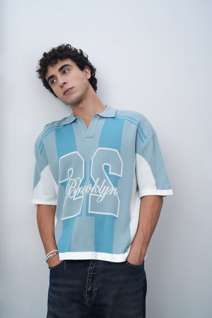 Brooklyn Varsity Boxy Oversized Knit T-shirt Blue