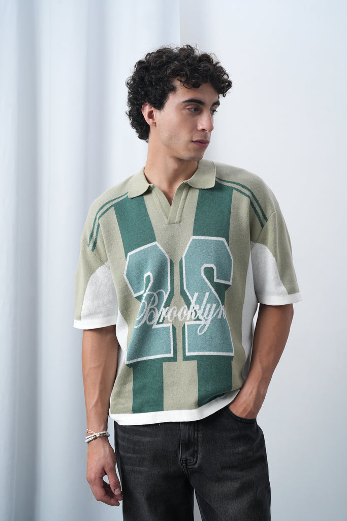 Brooklyn Varsity Boxy Oversized Knit T-shirt Green