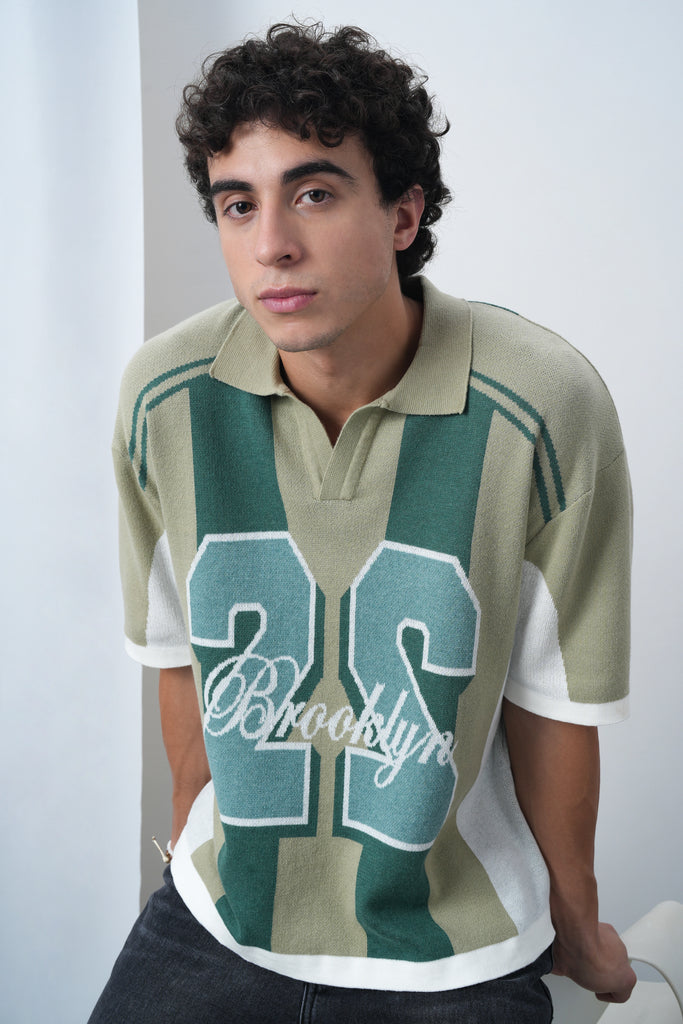 Brooklyn Varsity Boxy Oversized Knit T-shirt Green