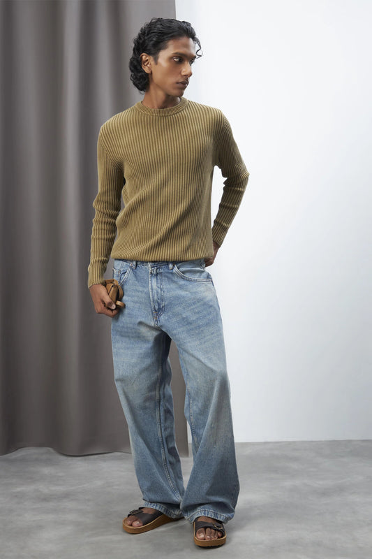 Brown Slim Fit Washed Knitted Jumper