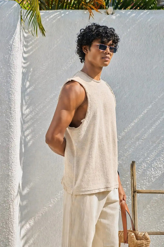 Beige Jacquard Knit Tank Top